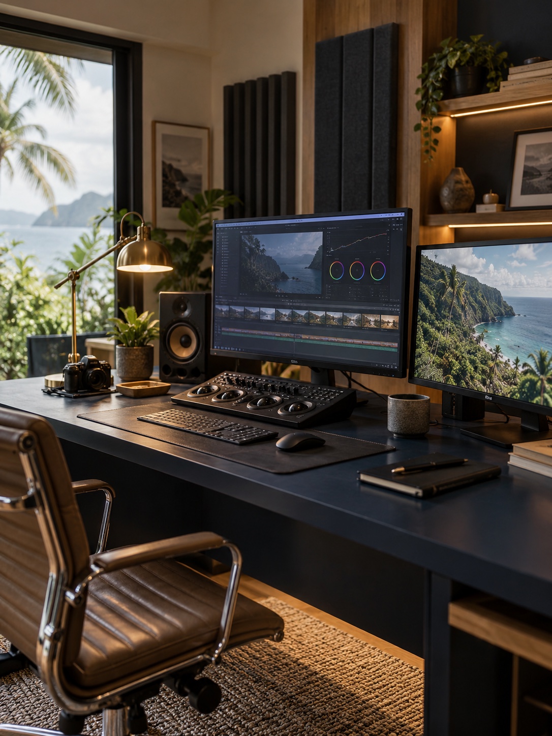 Illustrative editing suite with grading monitors and a tropical view