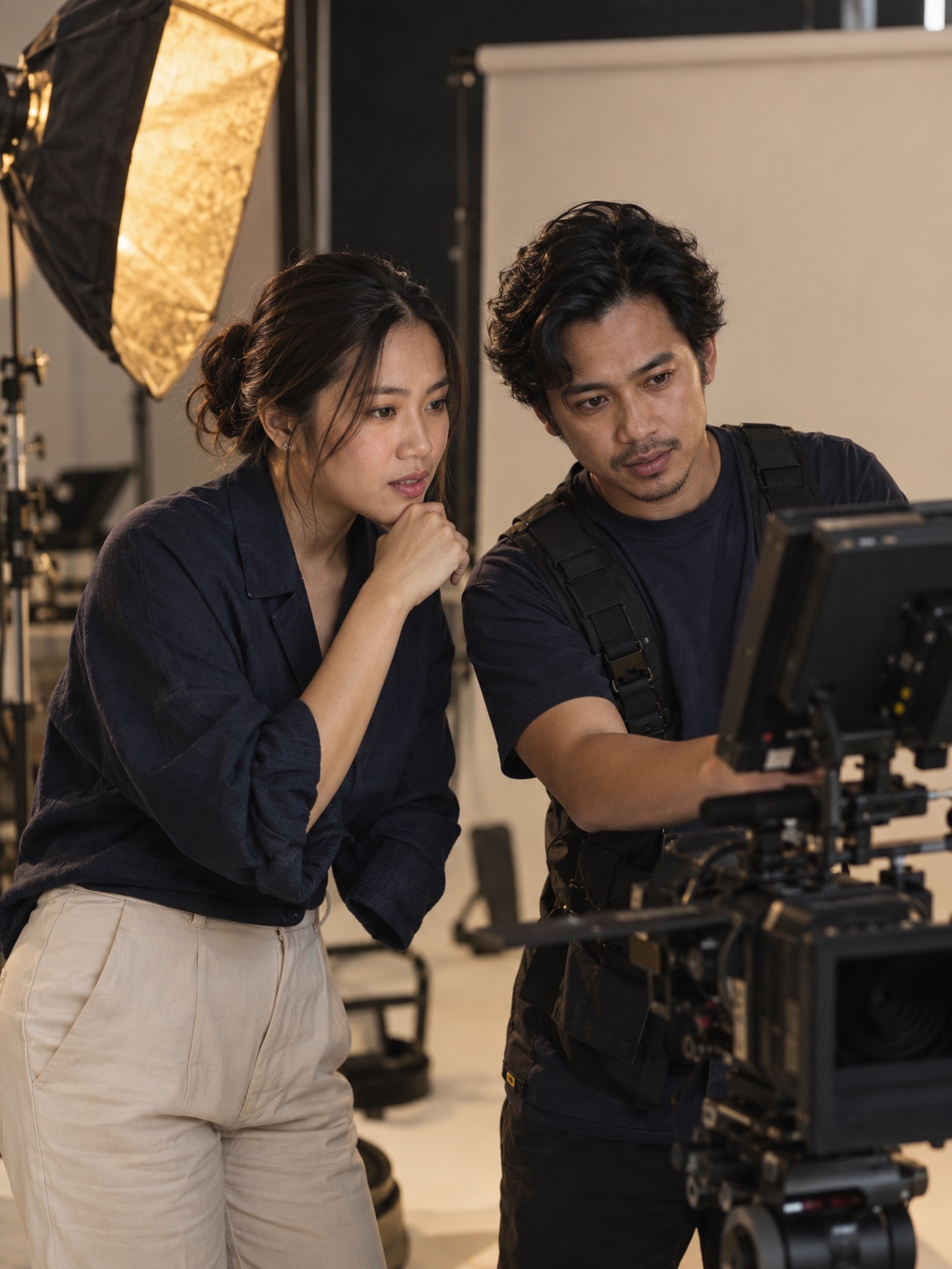 Illustrative Filipino director and cinematographer reviewing a camera monitor