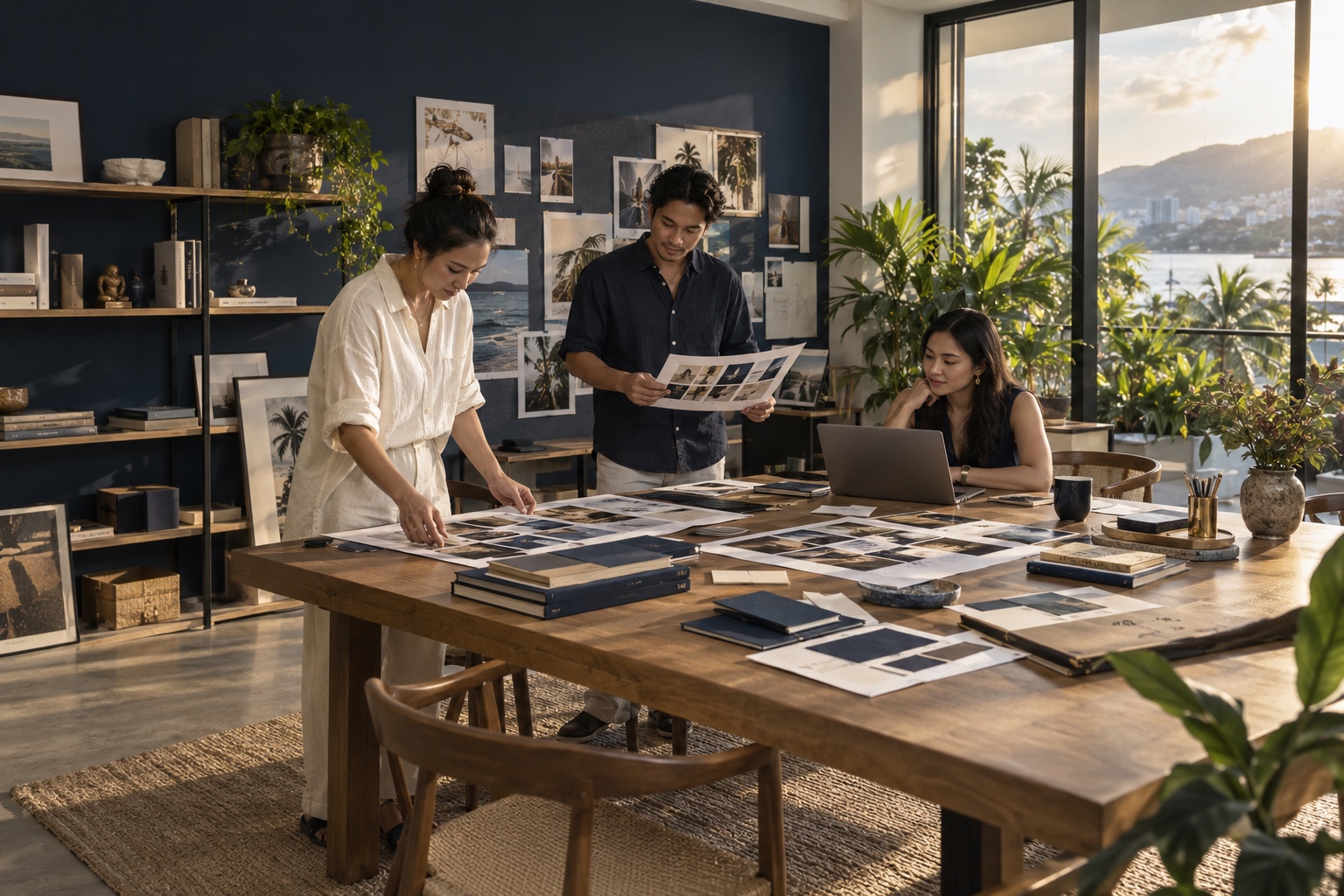 Illustrative Filipino creative team reviewing designs at a studio worktable
